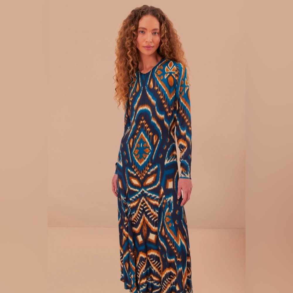 NEW FARM RIO pineapple ikat maxi dress in pineapple ikat blue Size L Large - Picture 2 of 7